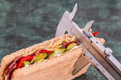 A sandwich placed inside a micrometer measuring scale to record its width