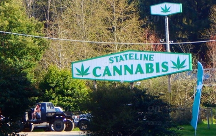 An off-road sign reading "Sateline Cannabis"