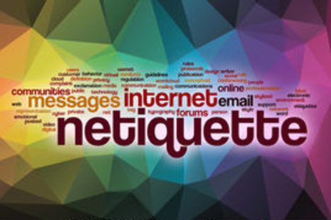 A graphic banner with the word 'Netiquette' highlighted in the center. Scattered around it are related keywords such as 'messages,' 'internet,' 'email,' 'communities' and 'forums'