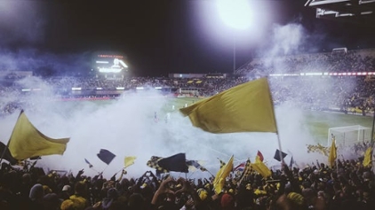 Cheering crowd in a packed stadium, waving flags and surrounded by sports smoke in support of their team