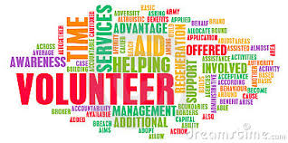 A word art graphic with 'Volunteer' highlighted, along with related concepts like 'helping,' 'services,' and 'awareness'