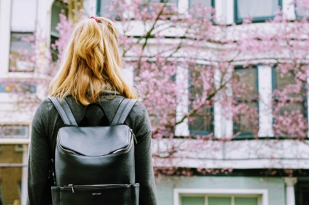 A girl stands in a beautiful college campus, surrounded by trees with blooming pink cherry blossoms
