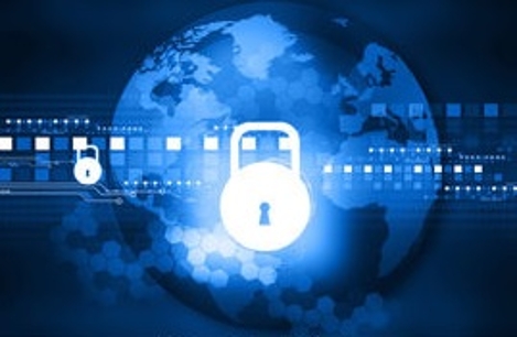 A blue icon showing a padlock symbol placed over a graphic of the Earth's globe